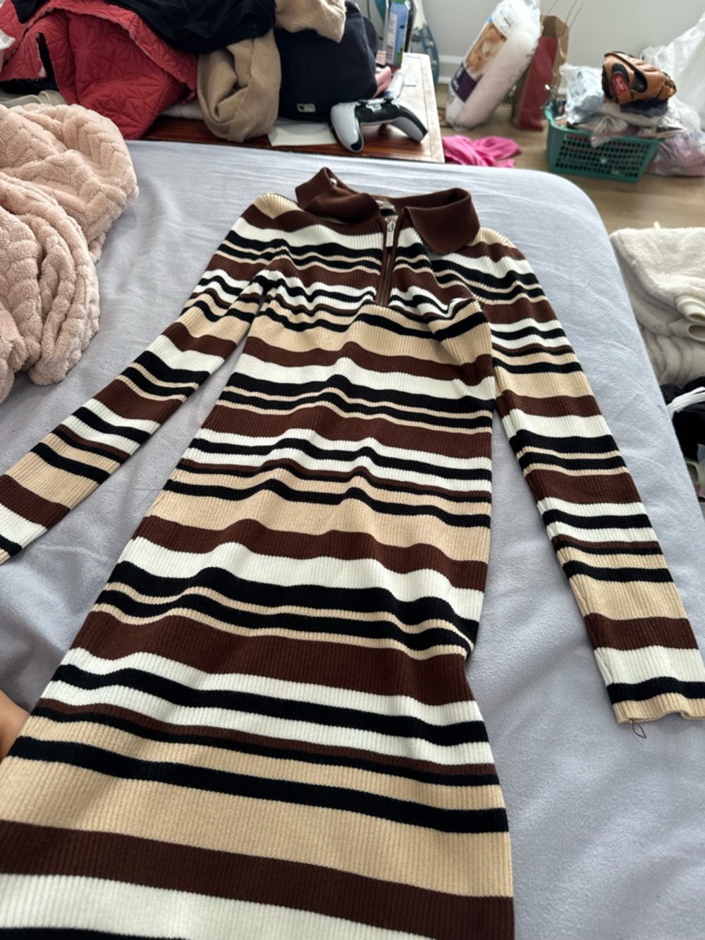 No Boundaries Brown, Cream & Black Striped Ribbed Polo Sweater Dress